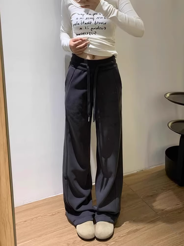 Quần thể thao ống đứng màu xám đậm kiểu Mỹ dành cho nữ, lót lông cừu mùa thu đông, cỡ lớn, cạp cao, che hông, quần thể thao giảm béo.