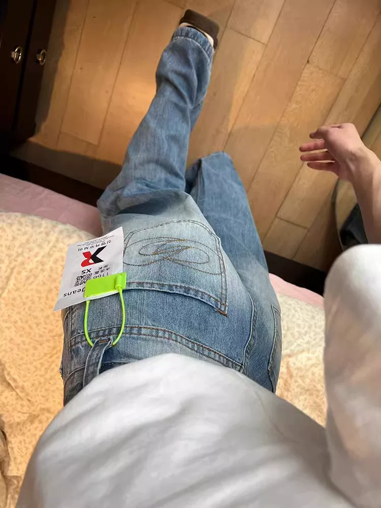 Quần jean ống thẳng kiểu Mỹ dành cho nữ, cỡ lớn, thiết kế mới đầu thu, lưng cao, dáng rộng, quần ống rộng giảm béo