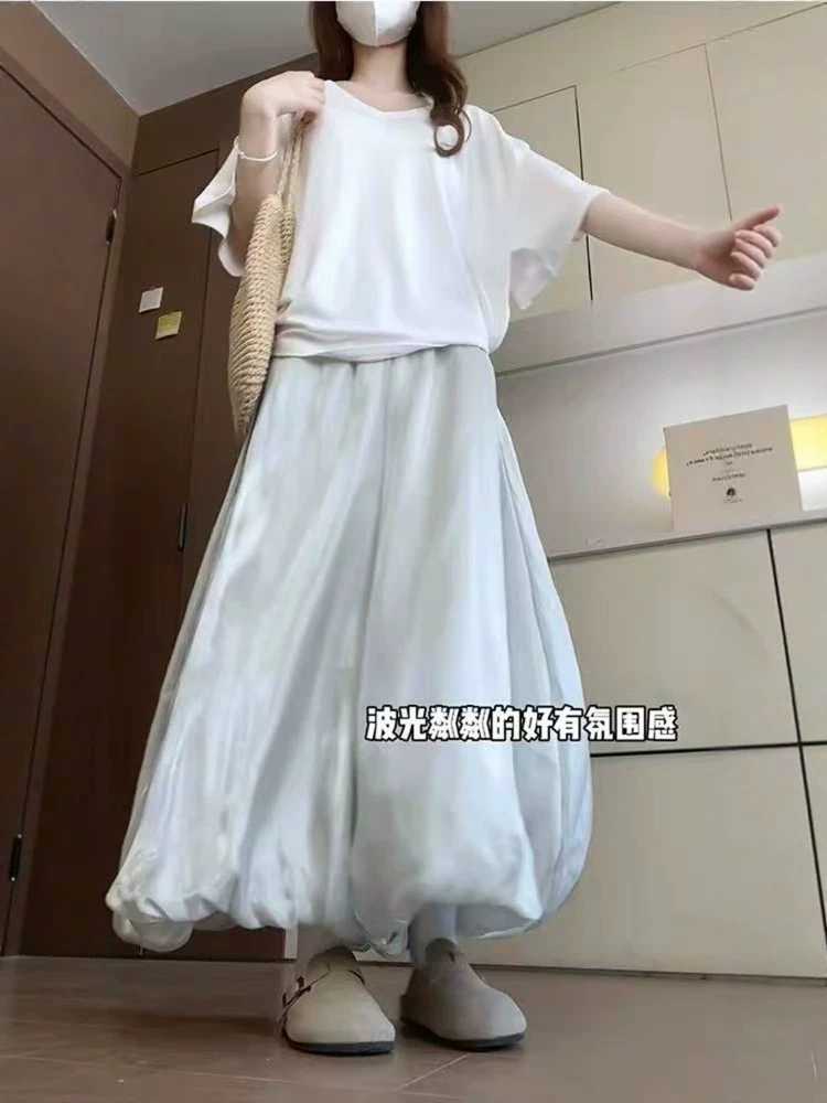 Quần suông nữ hè 2025 chất liệu mỏng, size lớn, plus size, cạp cao, dáng rộng, che hông, chất liệu mềm mại, tôn dáng, kiểu dáng hoa nụ, quần ống rộng, kiểu váy