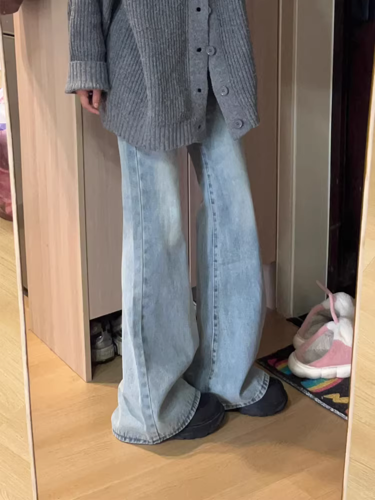 Quần jeans nữ màu sáng, kiểu dáng mới thu đông 2025, size lớn, cạp cao, rộng rãi, tôn dáng, ống rộng, dài chạm sàn