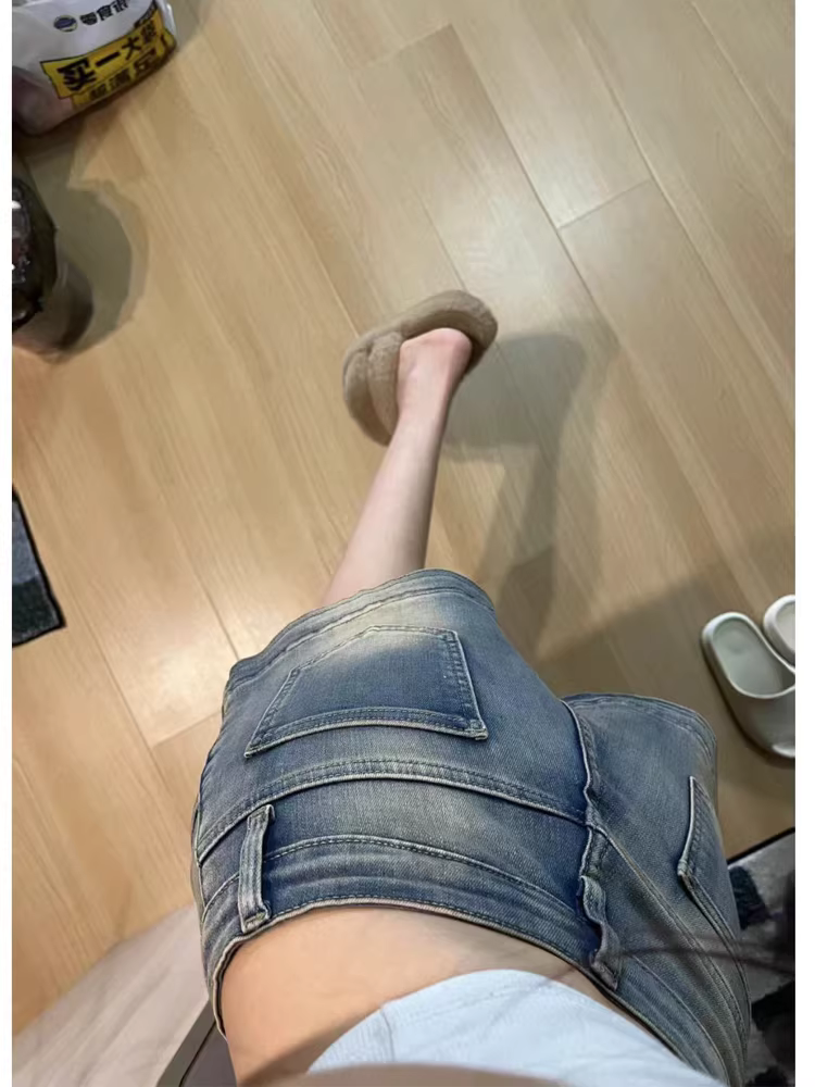 Quần short denim kiểu retro Mỹ dành cho nữ, kiểu dáng mỏng mùa hè, cỡ lớn, lưng cao, co giãn, che hông, quần chữ A tôn dáng.