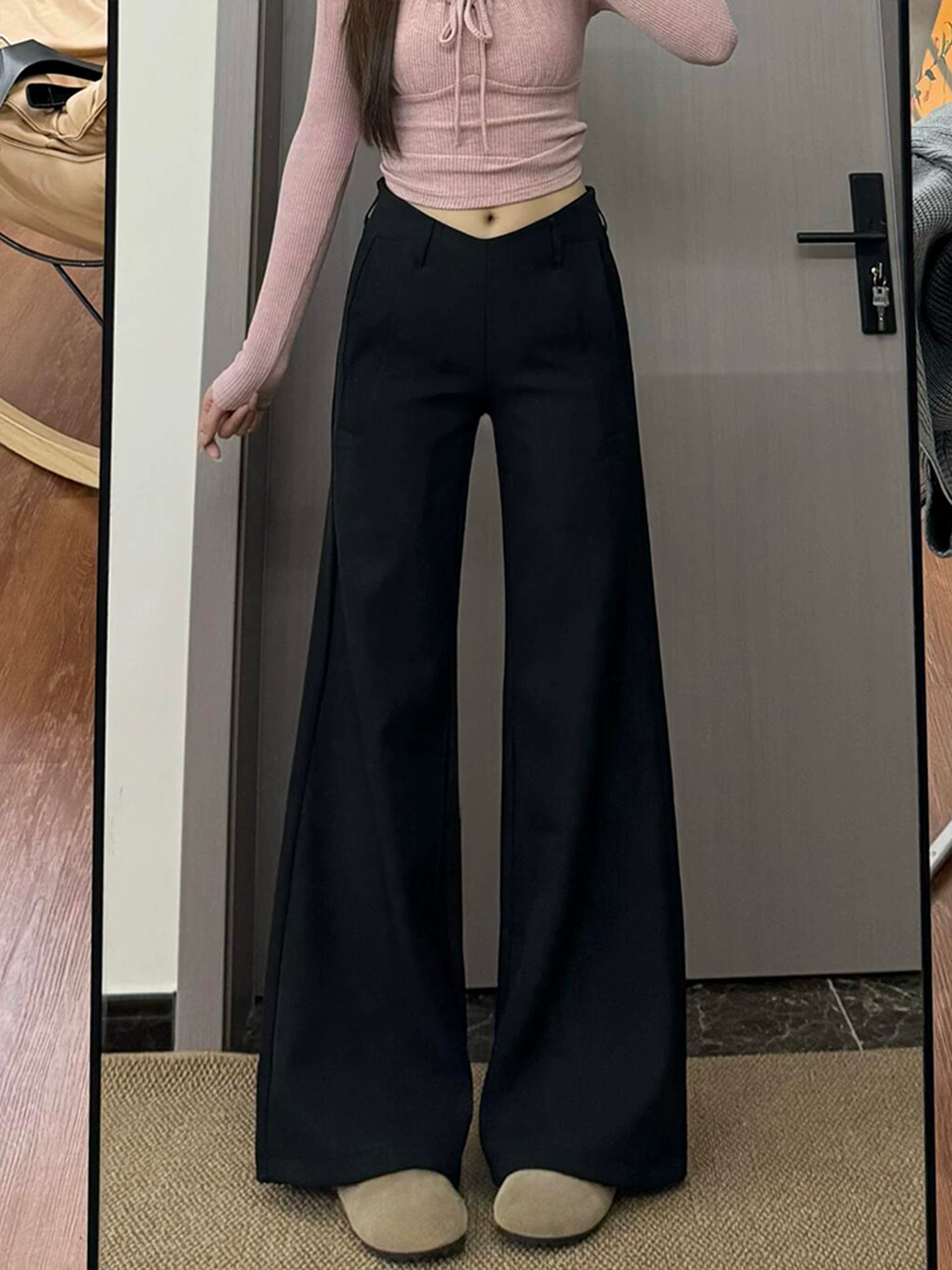 Quần tây dáng chuông màu đen dành cho nữ, size lớn mùa hè, cạp cao mùa thu sớm, quần suông tôn dáng