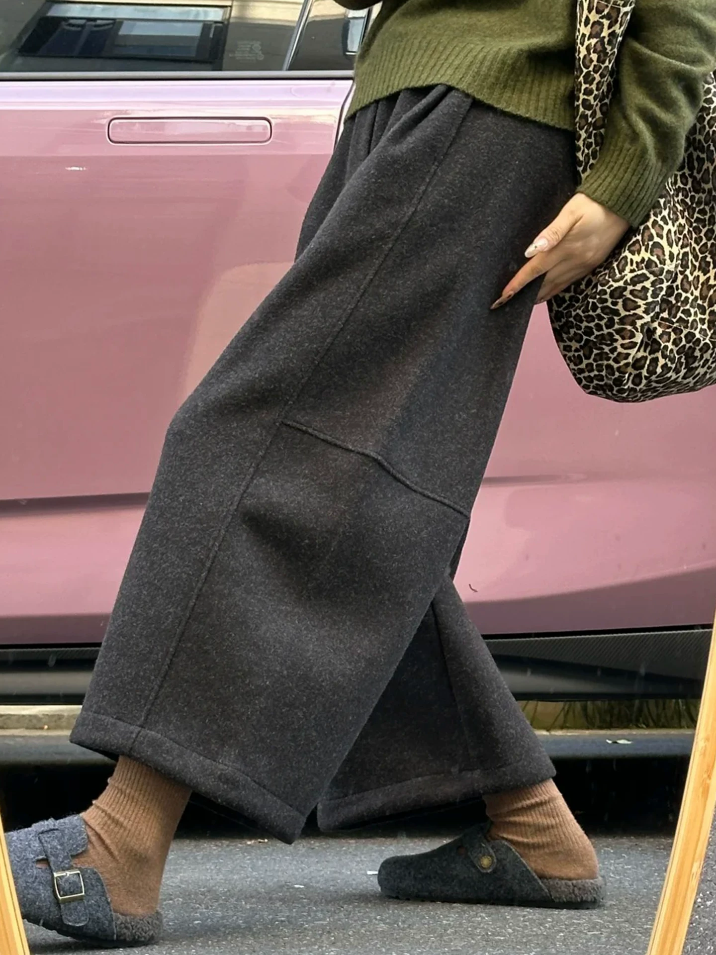 Quần ống rộng bằng len cho nữ, mùa thu đông, lót lông cừu, cỡ lớn, lưng cao, giảm béo, nhỏ nhắn, quần cắt kiểu dao thường ngày