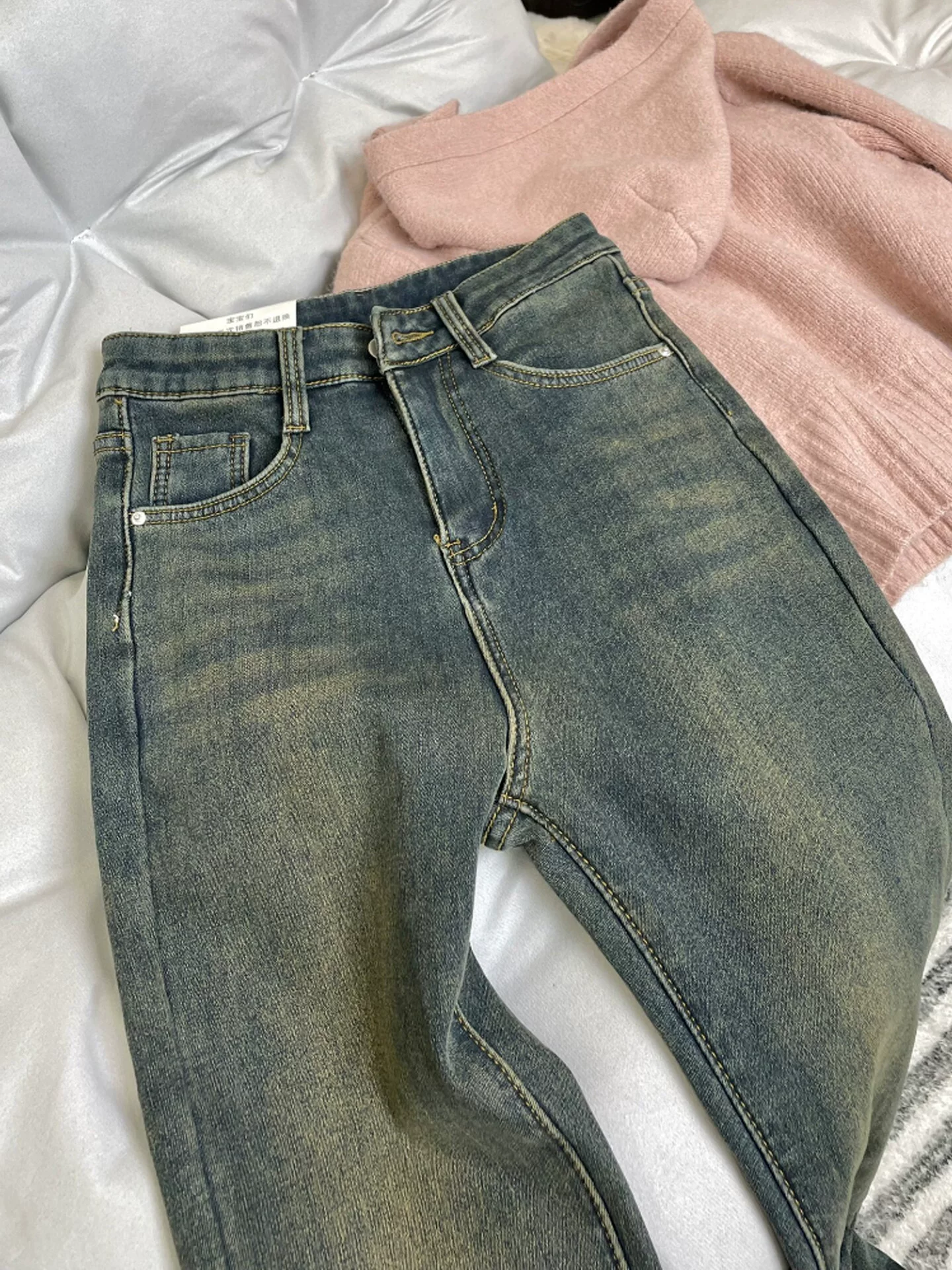 Quần jean ống loe thẳng, dày dặn, lót lông cừu màu xanh cổ điển dành cho nữ, size lớn mùa đông, cạp cao, che hông, chất liệu co giãn.