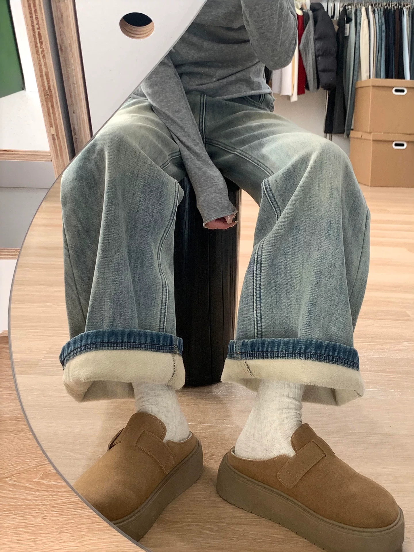 Quần jean ống rộng dày lót lông cừu dành cho nữ, mùa thu đông, cỡ lớn, lưng cao, dáng rộng, giảm béo, dáng quả lê, quần ống thẳng