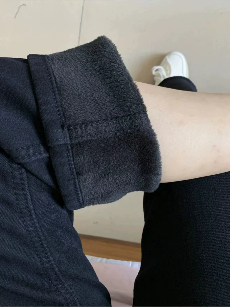 Quần jean ống đứng dáng quả lê dành cho nữ, mùa thu đông, lót lông cừu, dáng nhỏ nhắn, cỡ lớn, cạp cao, quần thuốc lá thon gọn