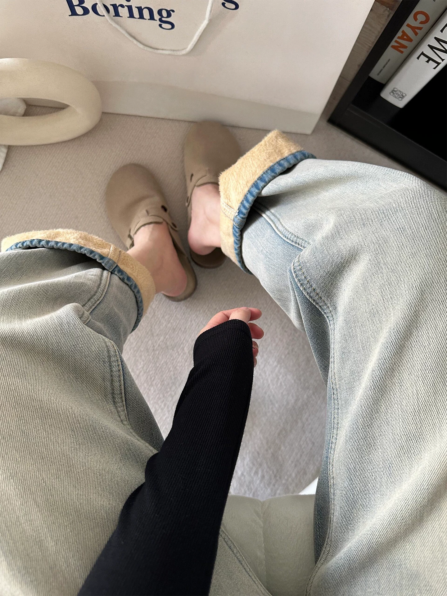 Quần jean ống thẳng dày lót lông cừu dành cho nữ, mùa thu đông, cỡ lớn, lưng cao, dáng rộng, giảm béo, dáng quả lê, quần ống rộng