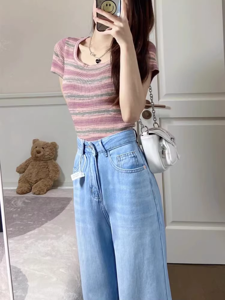 Quần jean ống đứng Tencel dành cho nữ, kiểu dáng mỏng mùa hè, cỡ lớn, lưng cao, dáng rộng, che hông, giảm béo, quần ống rộng bằng vải lụa băng chịu nhiệt.