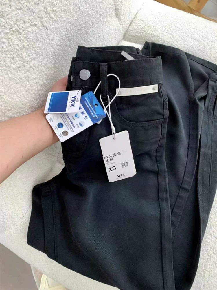 Quần jean rách Tencel màu đen dành cho nữ, kiểu dáng mỏng mùa hè, cỡ lớn, lưng cao, dáng rộng, mềm mại, tôn dáng, quần ống rộng chất liệu lụa đá.