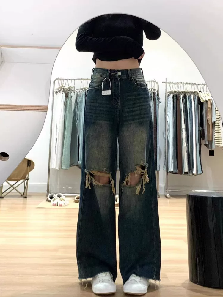 Quần jean rách kiểu Mỹ cổ điển dành cho nữ, kiểu dáng mỏng mùa hè, cỡ lớn, lưng cao, dáng rộng, quần ống rộng giúp thon gọn
