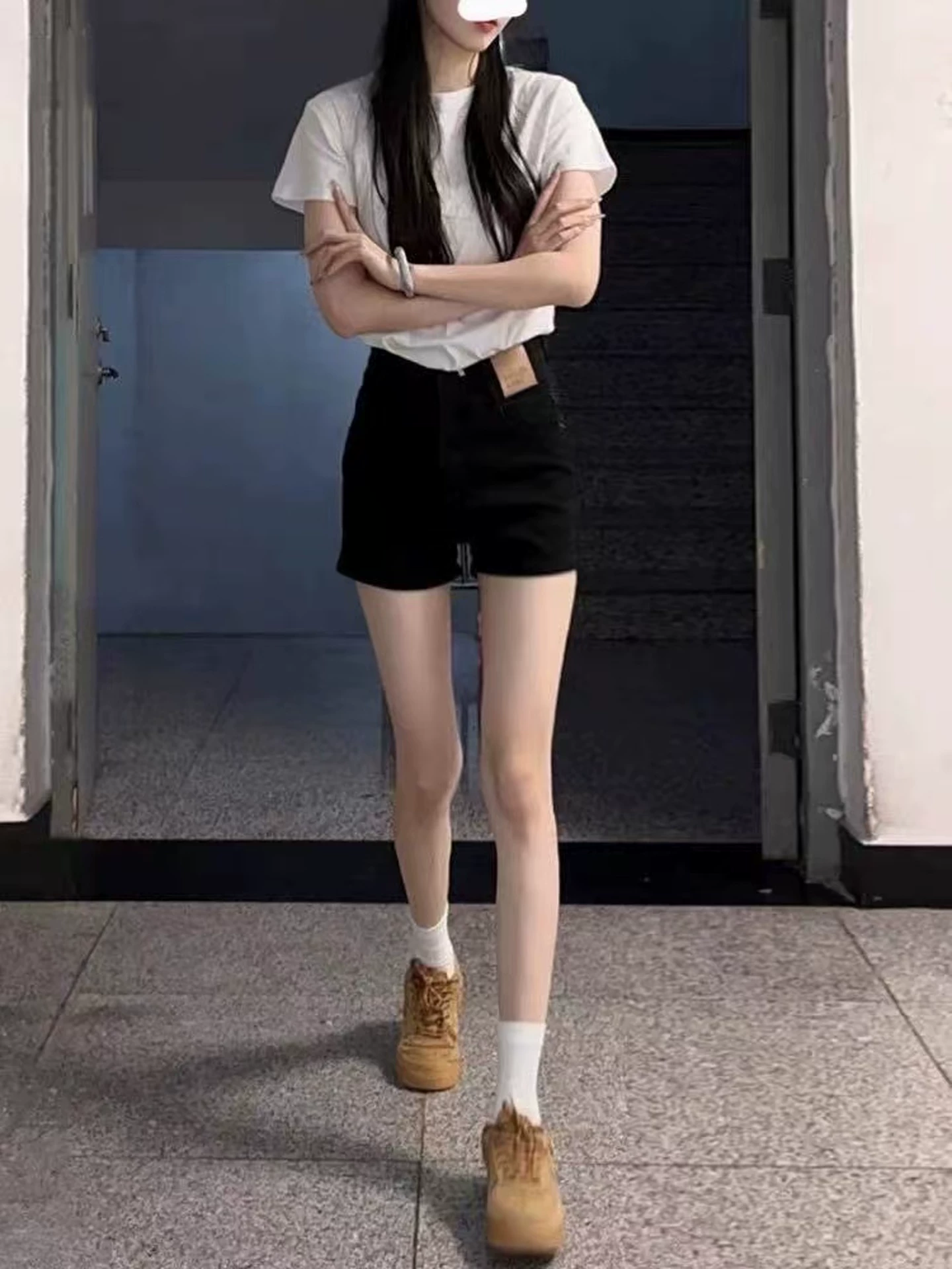 Quần short denim đen dành cho nữ, mùa hè, cỡ lớn, lưng cao, co giãn, giảm béo, dáng quả lê, dáng chữ A, quần ống rộng