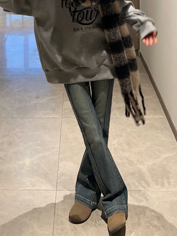 Quần jean ống loe màu xanh cổ điển dáng quả lê dành cho nữ đầu thu cỡ lớn quần ống loe cạp cao co giãn che hông quần ống loe thẳng