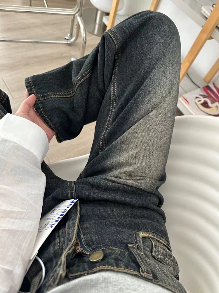 Quần jean xanh cổ điển dành cho nữ, phong cách mùa thu mới, cỡ lớn, lưng cao, dáng rộng, thon gọn, dáng quả lê, quần ống rộng thẳng