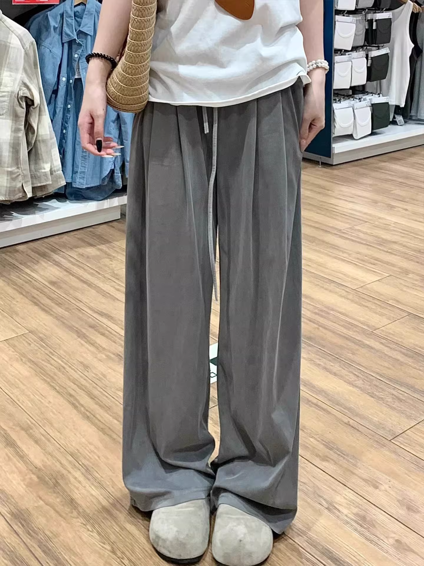 Quần ống rộng màu xám dành cho nữ, cỡ lớn mùa hè, lưng cao, dáng rộng, mềm mại, tôn dáng, dáng quả lê, quần vest