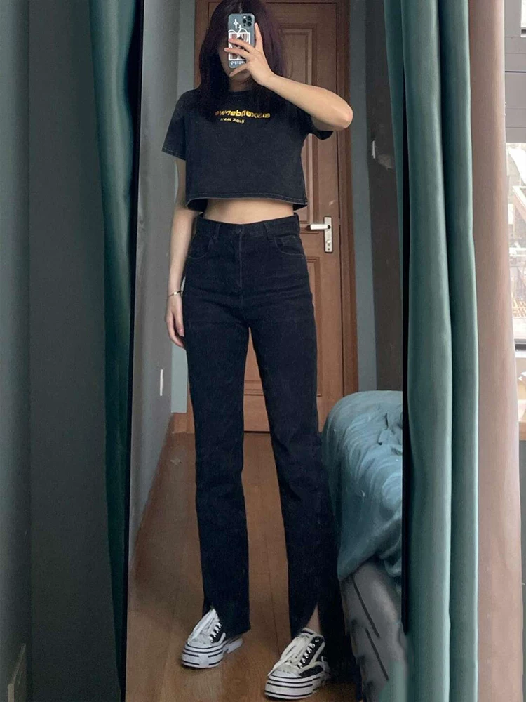 Quần ống đứng co giãn hình quả lê mùa thu đông 2022 cạp cao giảm béo cỡ lớn quần jean ống loe béo mm