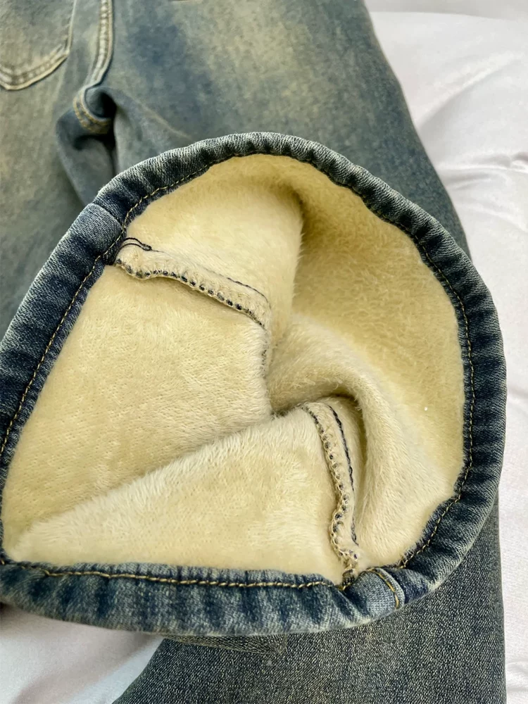 Quần jean ống loe dày lót lông cừu màu xanh cổ điển dành cho nữ, mùa thu đông, cỡ lớn, lưng cao, che hông, giảm béo, quần ống chuông kiểu móng ngựa.