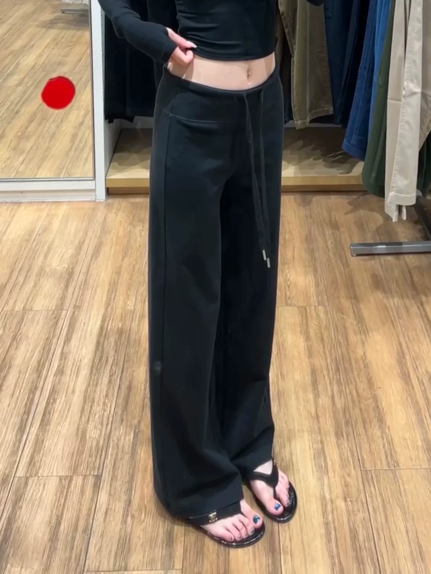 Quần âu lưng cao màu đen lười biếng dành cho nữ, mùa thu đông, cỡ lớn, lót lông cừu, dày, mềm mại, che hông, giảm béo, quần ống rộng