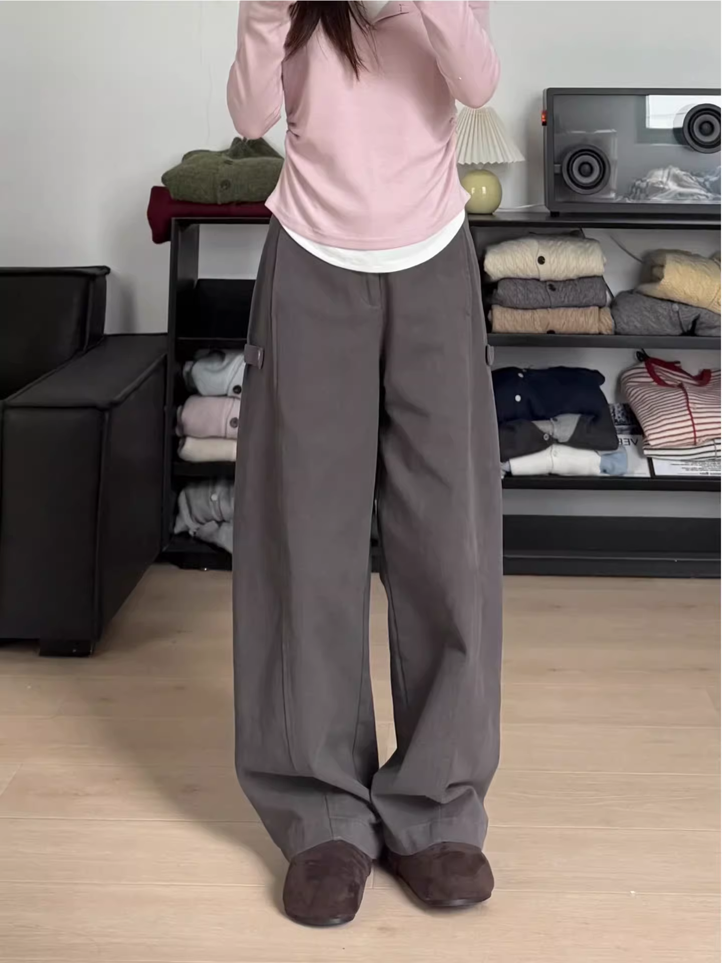 Quần ống rộng màu xám dành cho nữ, mùa thu đông, cỡ lớn, lưng cao, dáng rộng, dáng suông, có lót lông cừu, ống thẳng, quần công sở thông thường.