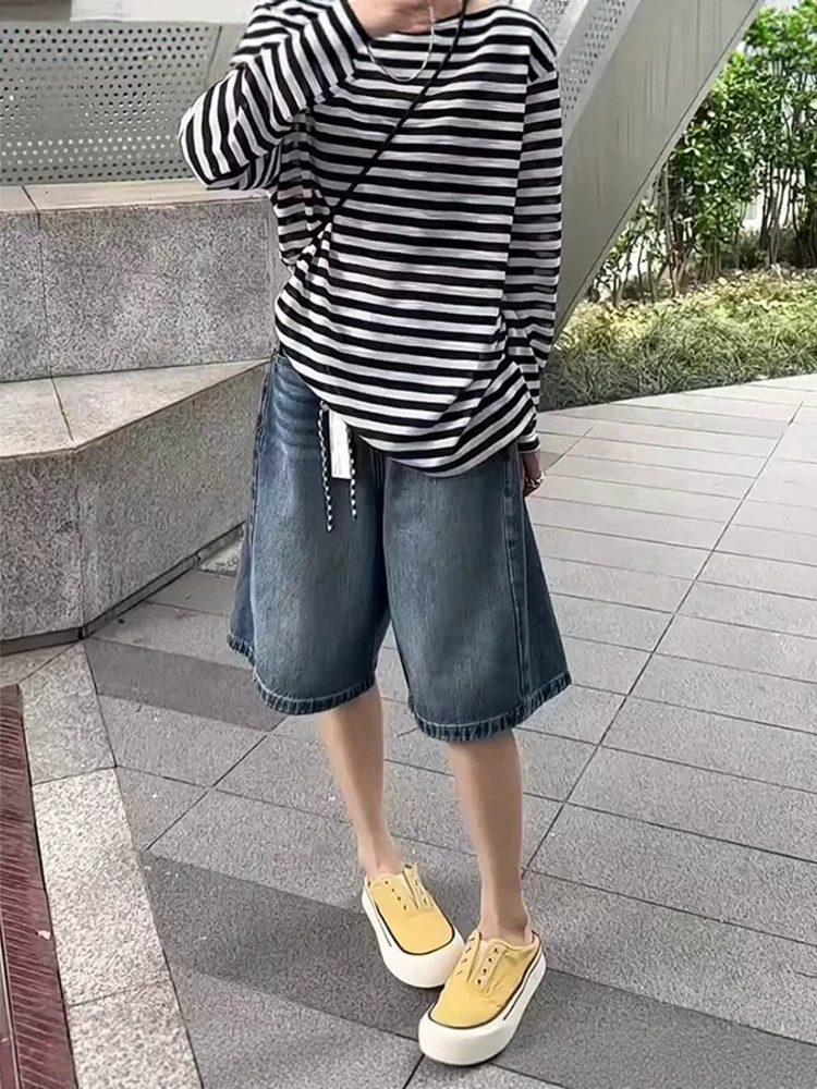 Quần short denim cổ điển dáng quả lê dành cho nữ, cỡ lớn mùa hè, lưng cao, dáng rộng, che hông, giảm béo, quần ống rộng năm điểm