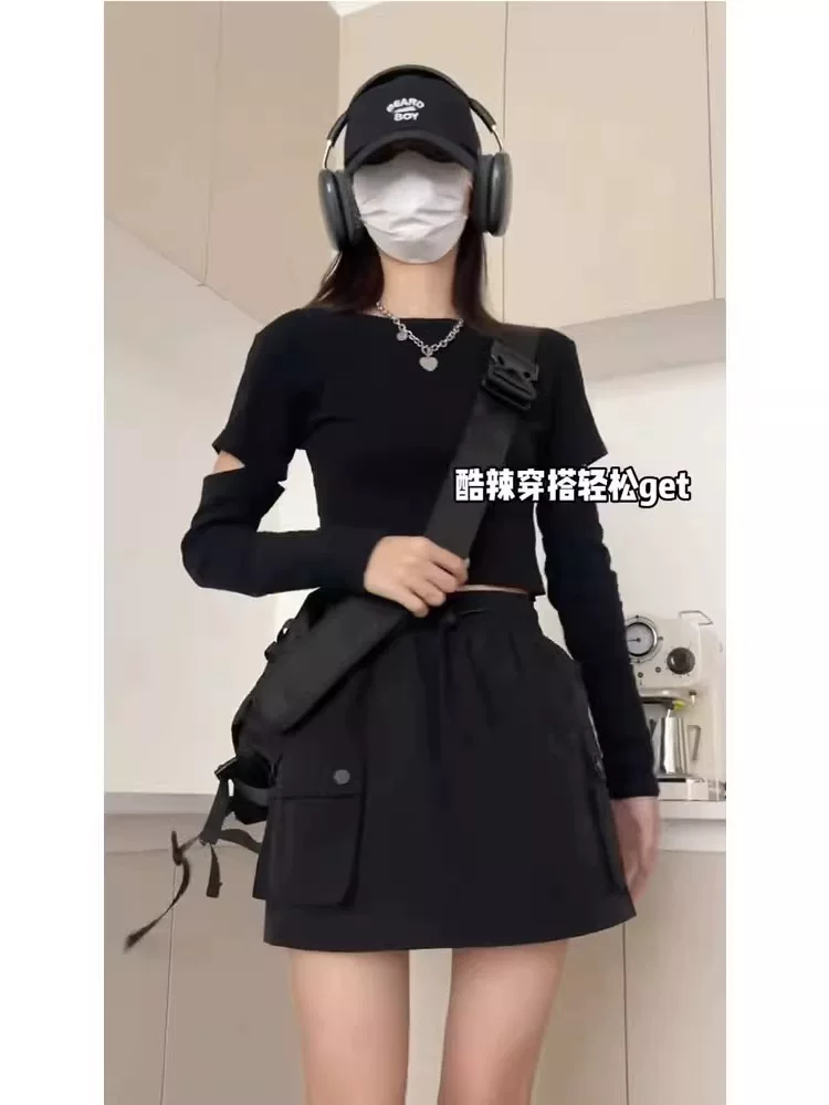 Váy ngắn công sở màu đen dành cho nữ, kiểu dáng mỏng mùa hè, cỡ lớn, lưng cao, che hông, giảm béo, nhỏ nhắn, váy chữ A có dây rút.