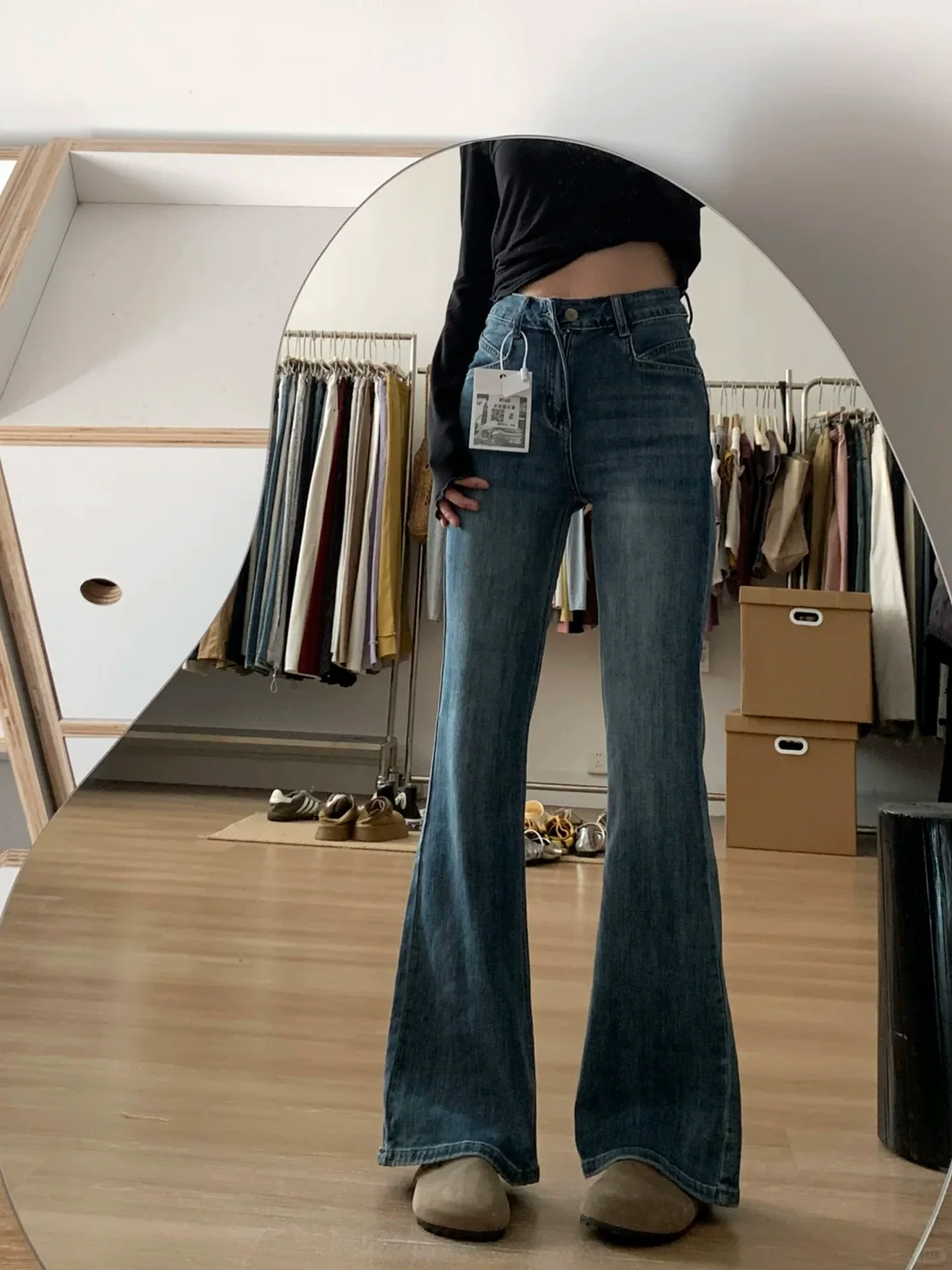 Quần jean xòe màu xanh đậm dành cho nữ, size lớn mùa hè, cạp cao, co giãn, tôn dáng, dành cho người có thân hình quả lê, quần ống loe che hông