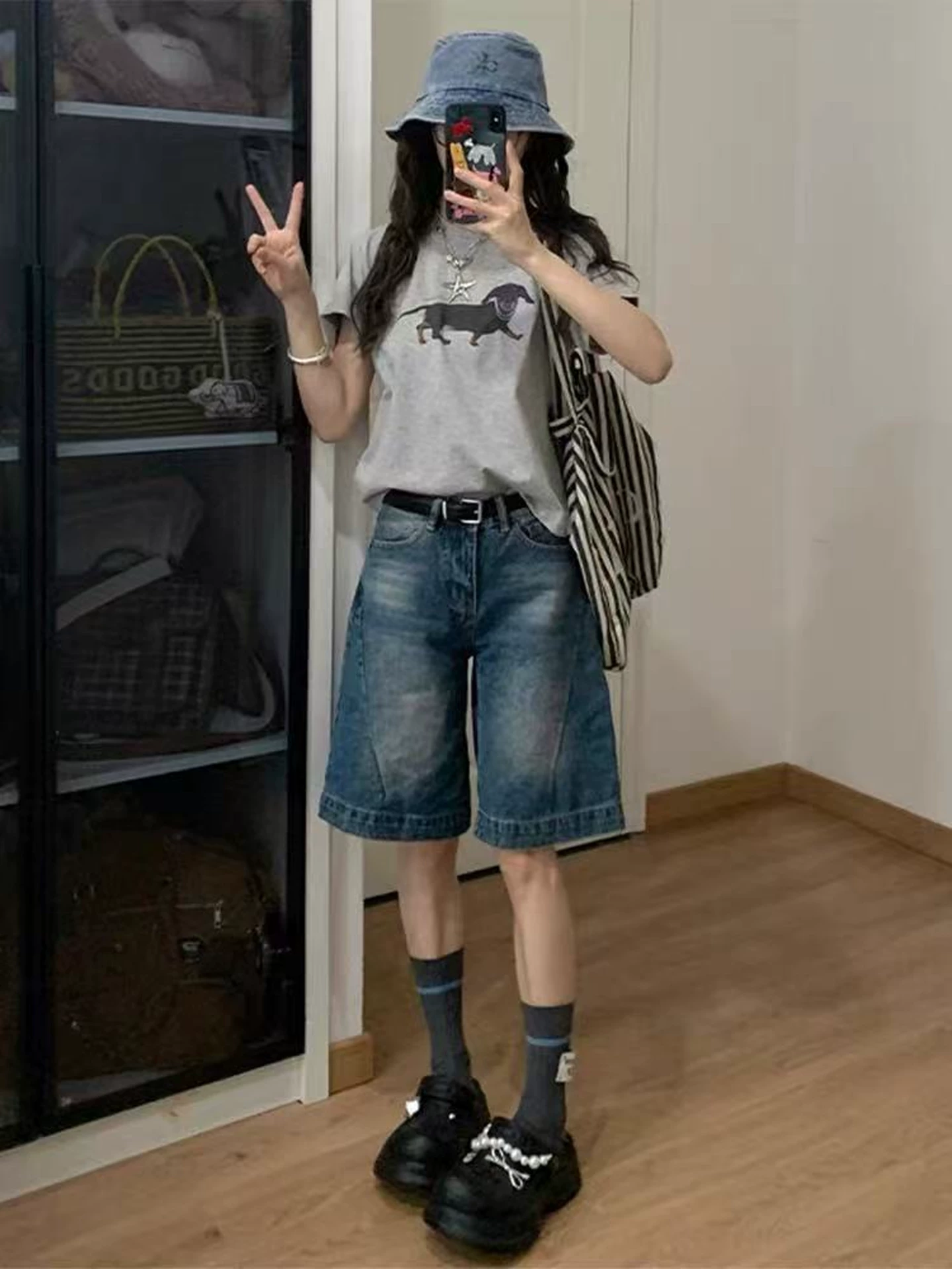 Quần short denim nữ, kiểu dáng mỏng mùa hè, cỡ lớn, lưng cao, dáng rộng, tôn dáng, quần short dài vừa phải ống rộng kiểu cổ điển.