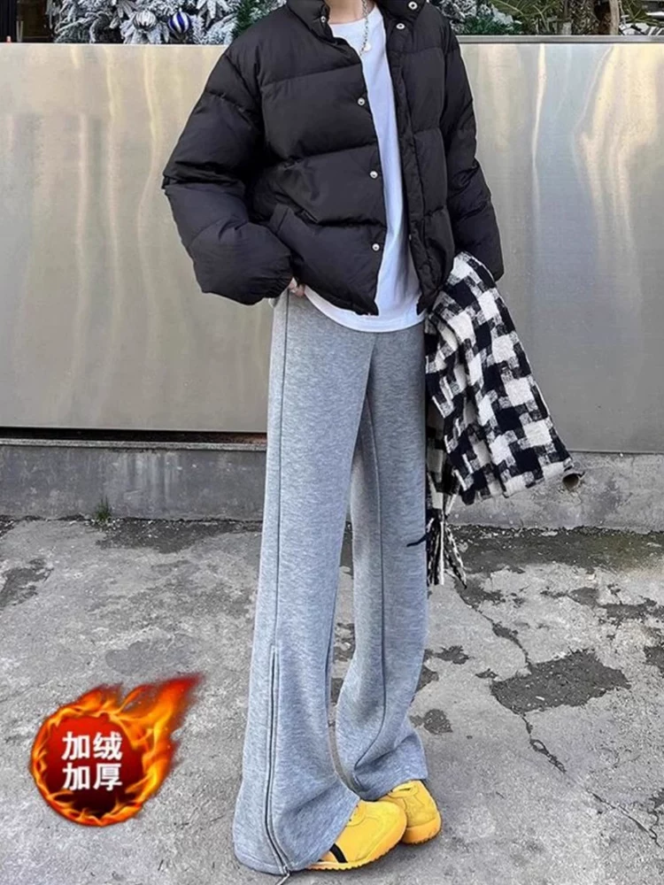 Quần ống loe dày lót lông cừu màu trắng nhạt dành cho nữ, mùa thu đông, cỡ lớn, lưng cao, dáng suôn, che hông, quần ống chuông giúp thon gọn.