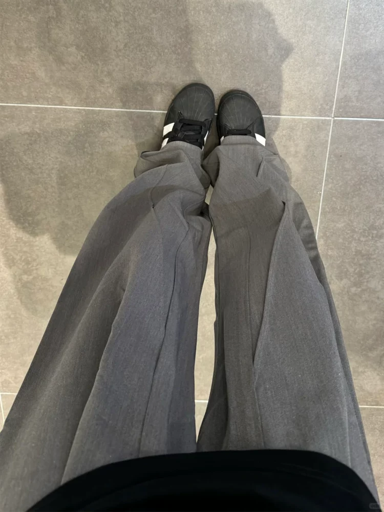 Quần âu màu xám dành cho nữ, kiểu dáng mùa xuân mới, cỡ lớn, lưng cao, tôn dáng, ống thẳng, ống rộng, dài chạm sàn