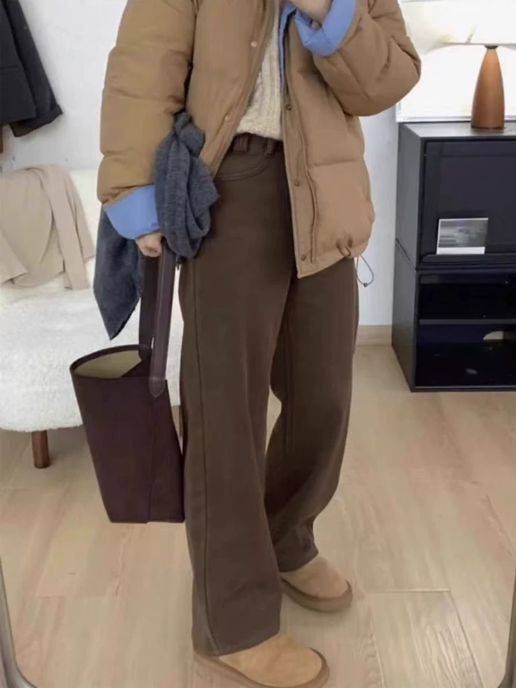 Quần jean ống rộng lót lông cừu màu cà phê dành cho nữ, phong cách thu đông, cỡ lớn, lưng cao, dáng rộng, quần dài thon gọn.