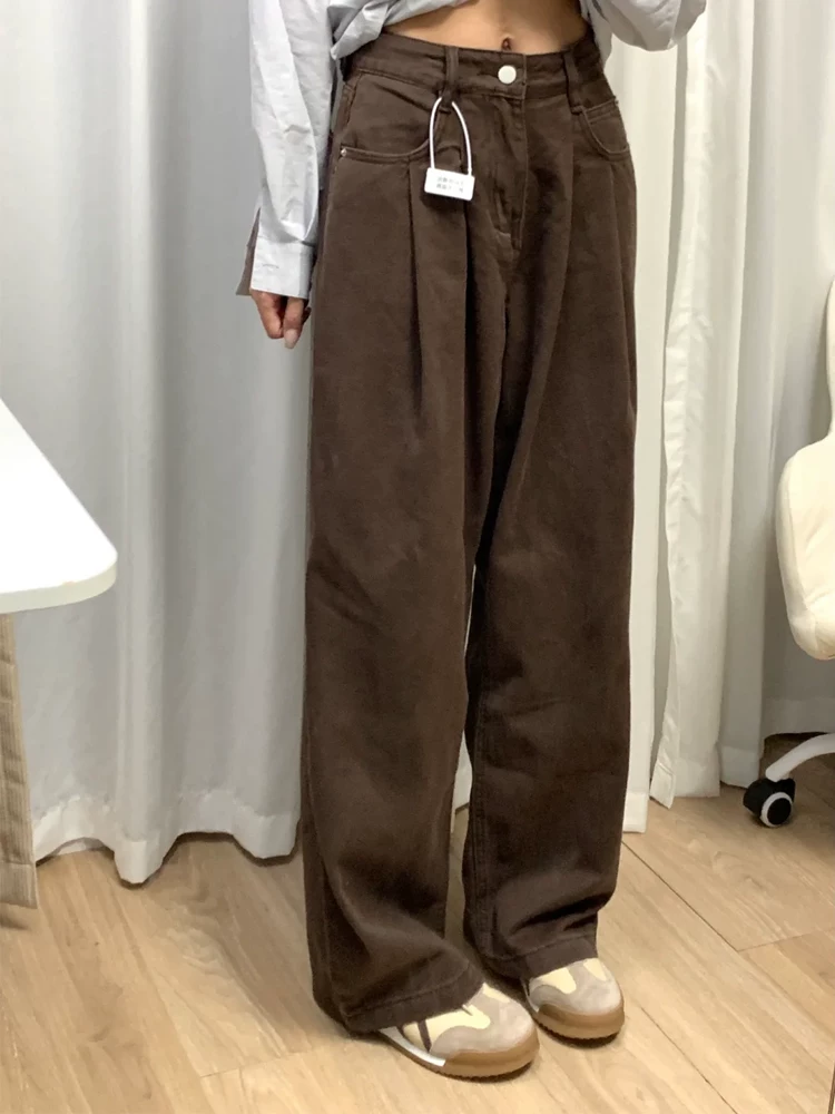 Quần jean ống đứng màu nâu dành cho nữ, kiểu dáng mùa xuân mới, cỡ lớn, lưng cao, dáng rộng, xếp nếp, giảm béo, quần ống rộng hẹp