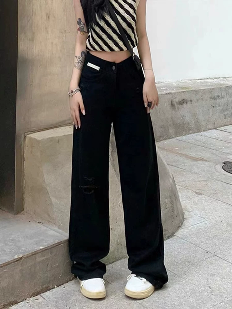 Quần jean rách Tencel màu đen dành cho nữ, kiểu dáng mỏng mùa hè, cỡ lớn, lưng cao, dáng rộng, mềm mại, tôn dáng, quần ống rộng chất liệu lụa đá.