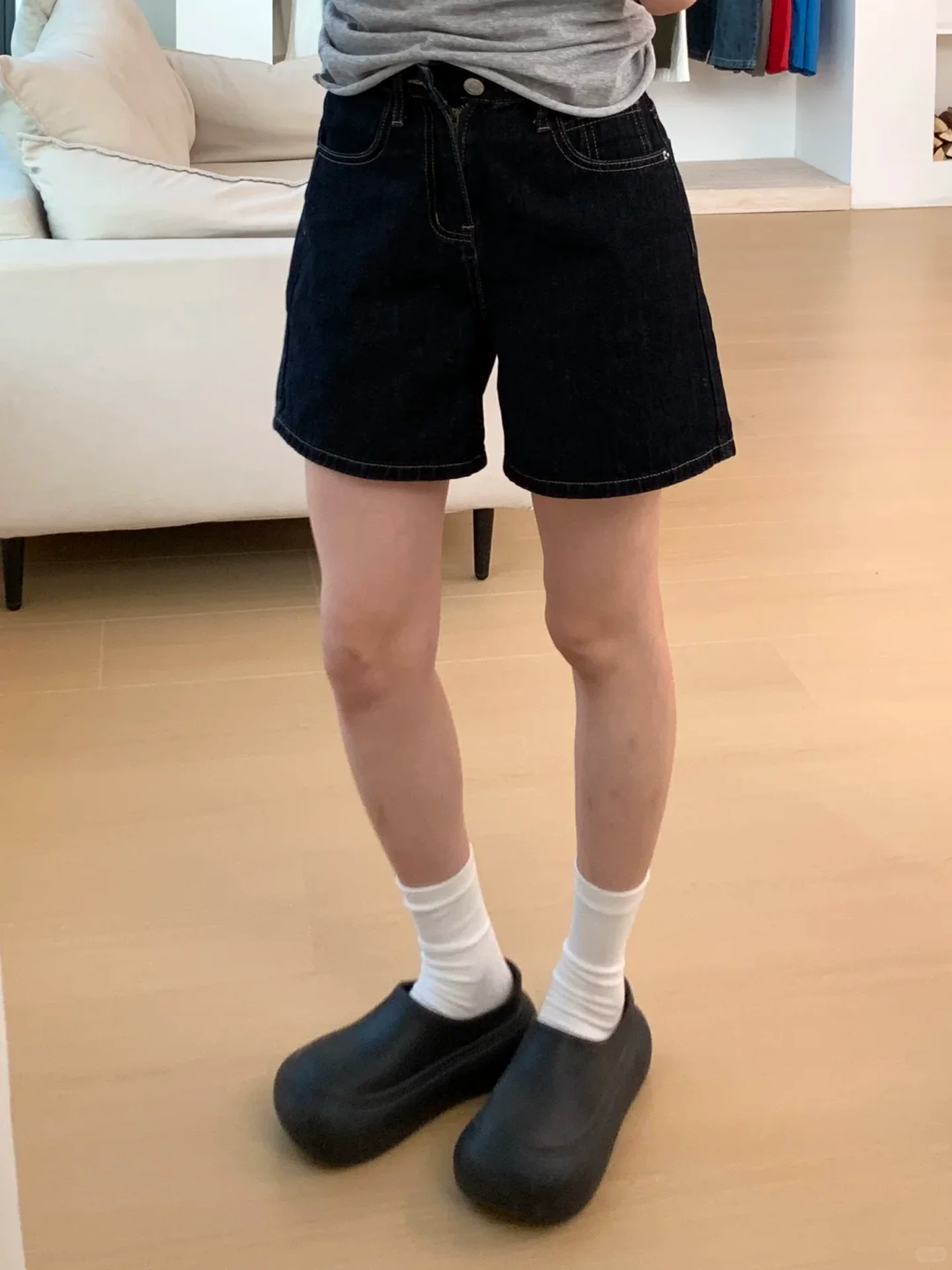 Quần short denim màu xanh đậm hình quả lê dành cho nữ, cỡ lớn mùa hè, cạp cao, che hông, quần ống rộng chữ A giảm béo