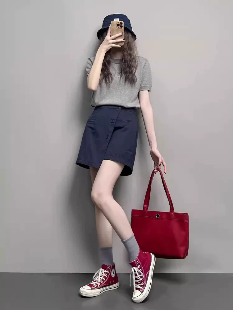 Váy chữ A dáng quả lê không đều cho nữ, cỡ lớn mùa hè, cạp cao, che hông, váy ngắn dáng suông giúp thon gọn