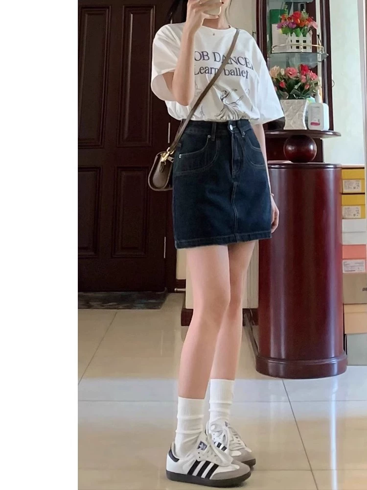 Váy ngắn denim dành cho nữ, váy chữ A dáng quả lê mùa hè, cỡ lớn, lưng cao, che bụng, giảm béo, váy nửa thân nhỏ nhắn.
