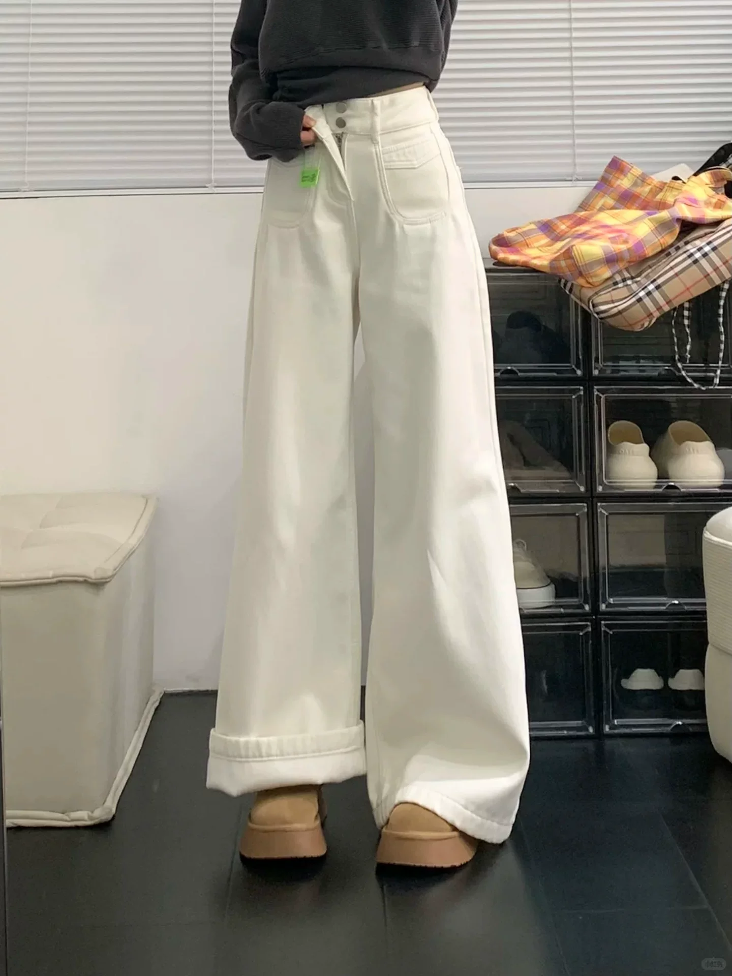 Quần jean trắng lưng cao ống rộng cho nữ, mùa đông, cỡ lớn, lót lông cừu, dày, rộng, thon gọn, dáng quả lê, quần dài chạm sàn