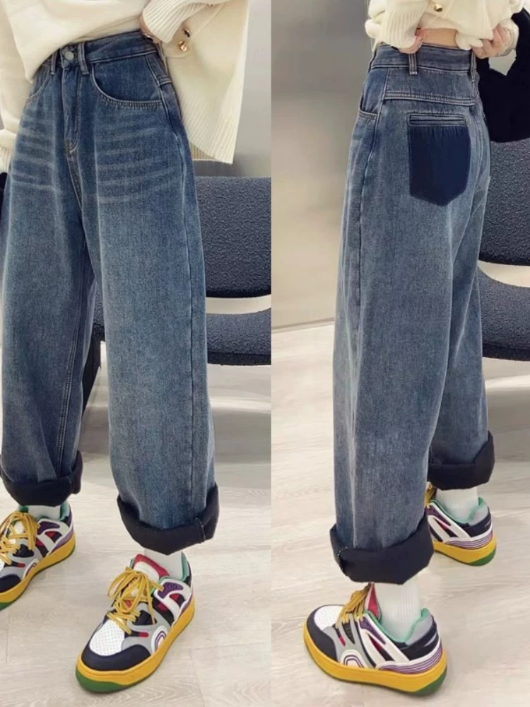 Quần jean ống thẳng dáng quả lê dành cho nữ, mùa thu đông, lót lông cừu, dày dặn, cỡ lớn, lưng cao, dáng rộng, giảm béo, quần bố.