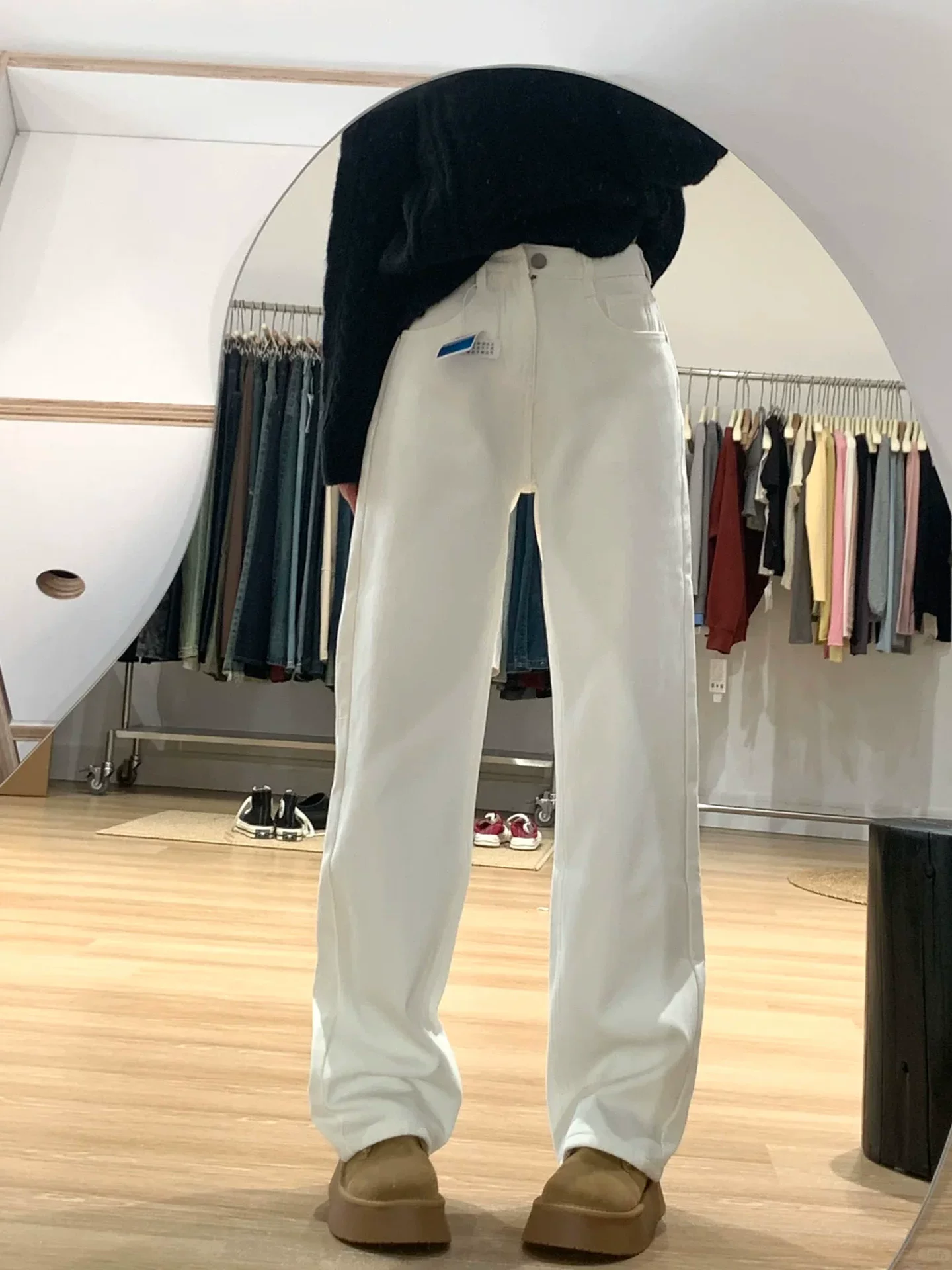 Quần jean ống đứng dày lót lông cừu màu trắng dành cho nữ, cỡ lớn mùa đông, cạp cao, dáng rộng, dáng rộng, che hông, quần ống rộng