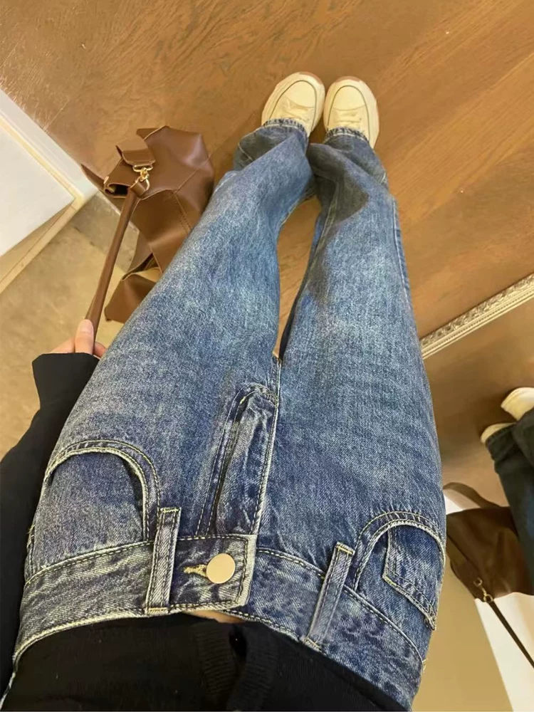 Quần jeans ống đứng dáng quả lê cho nữ xuân 2025, size lớn, cạp cao, rộng rãi, tôn dáng, ống rộng
