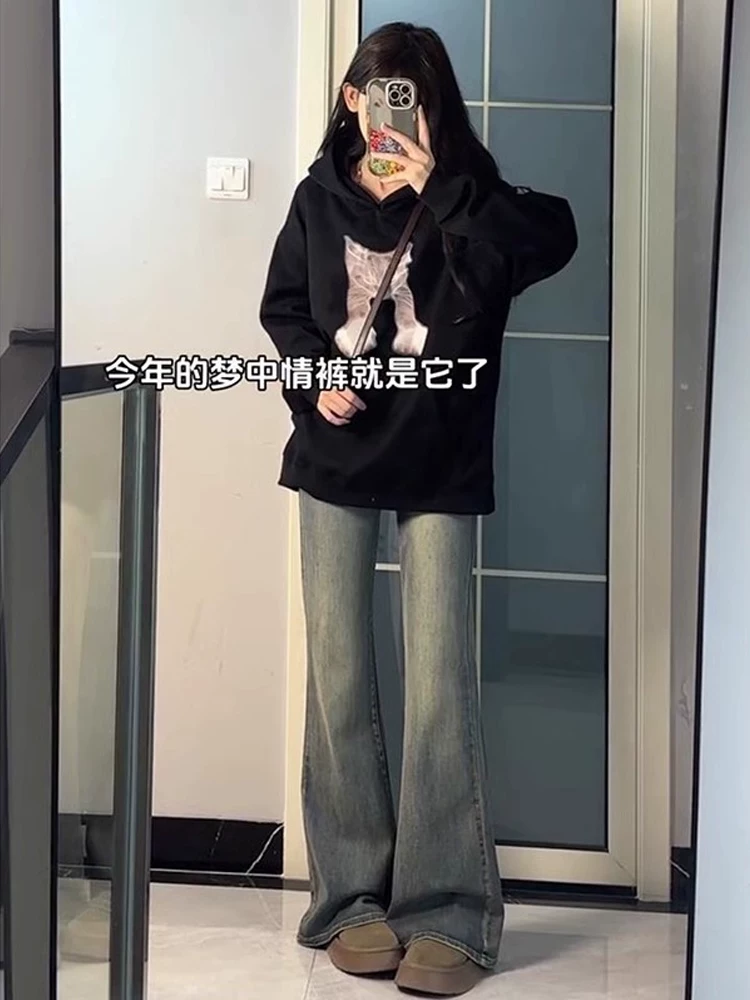 Quần jeans ống loe màu xanh retro dành cho nữ mùa thu đông, lót lông cừu, size lớn, eo cao, tôn dáng, co giãn, dành cho người có dáng quả lê, quần ống chuông