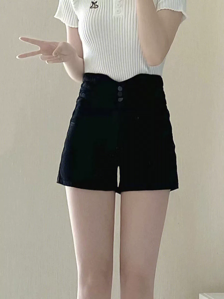 Quần short denim lưng cao cỡ lớn dành cho nữ, kiểu dáng mỏng mùa hè, dáng rộng cho phụ nữ mũm mĩm, giúp thon gọn, che bụng, quần ống rộng dáng chữ A.