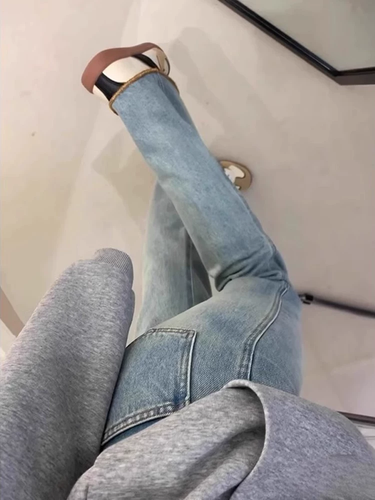 Quần jeans xanh nhạt dáng loe nữ thu đông 2024 kiểu mới, size lớn, cạp cao, che hông, tôn dáng, ống rộng, dáng chuông, dài