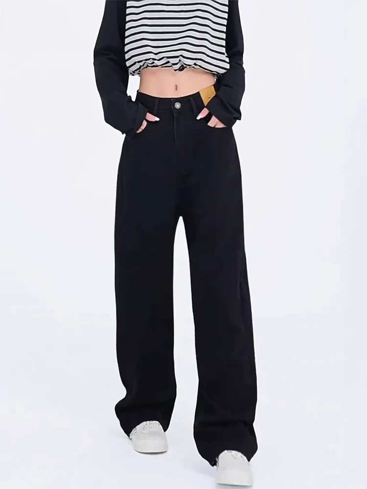 Quần jean ống thẳng dáng quả lê dành cho nữ, phong cách mới đầu thu, cỡ lớn, lưng cao, dáng rộng, dáng suông, quần dài đến sàn