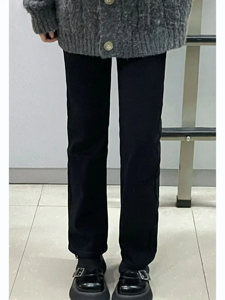 Quần jean ống đứng dáng quả lê dành cho nữ, cỡ lớn, lót lông cừu mùa thu đông, dày dặn, cạp cao, co giãn, che hông.