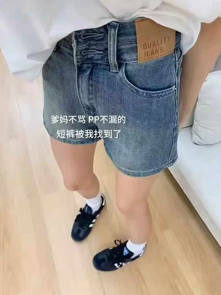 Quần short denim nữ, kiểu dáng mỏng mùa hè, cỡ lớn, lưng cao, co giãn, che hông, giảm béo, dáng quả lê, quần ống rộng chữ A