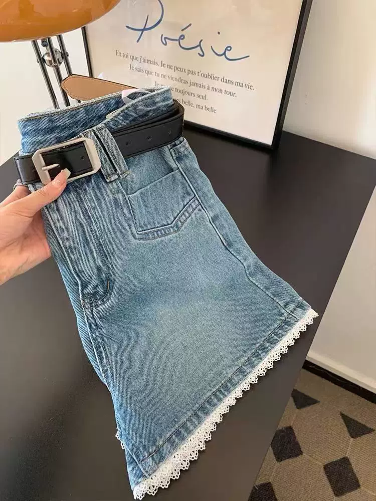 Quần short denim viền ren dành cho nữ, cỡ lớn mùa hè, lưng cao, dáng rộng, tôn dáng, dáng quả lê, quần ống rộng chữ A