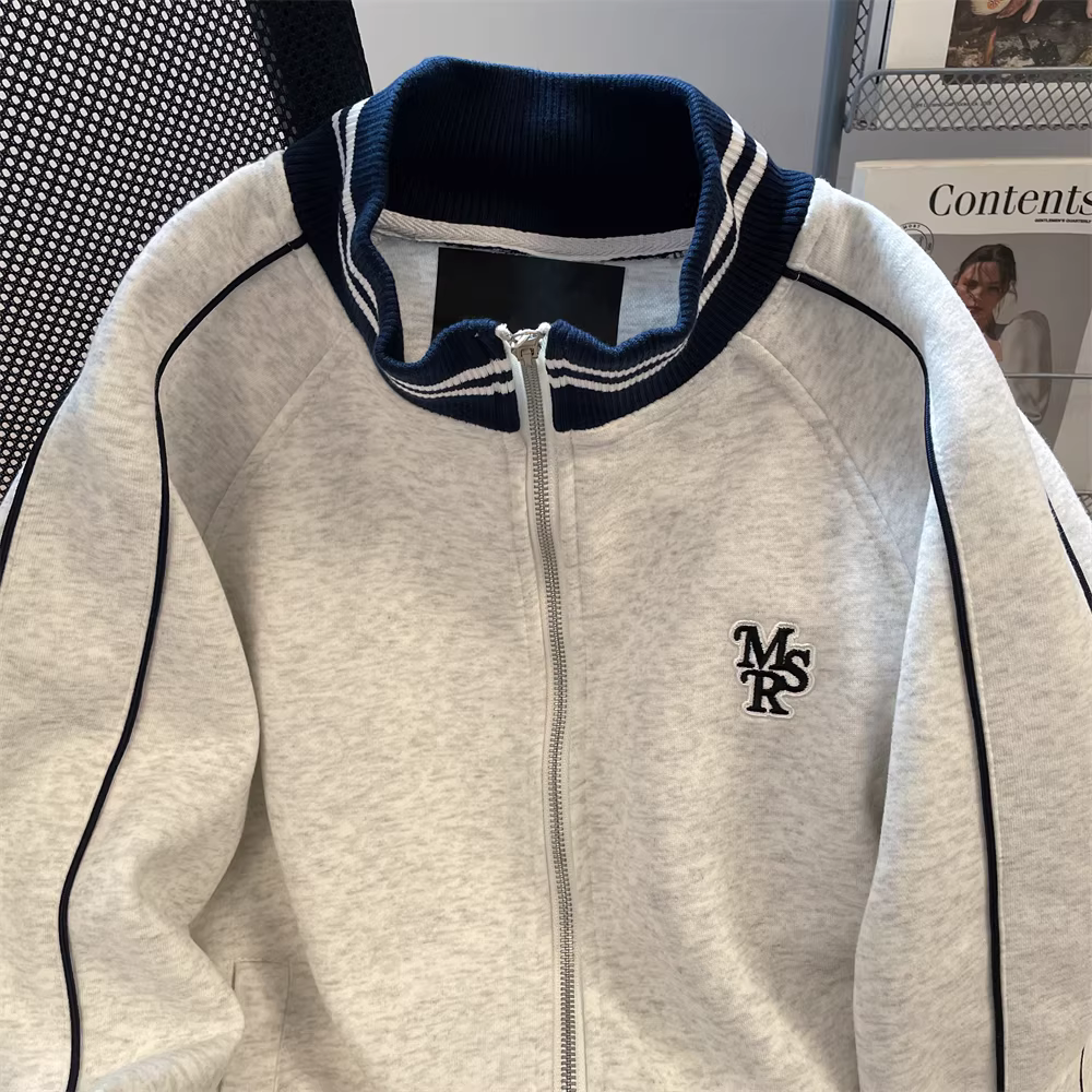 Áo khoác kiểu Mỹ dáng rộng, phong cách lười biếng, cổ đứng dành cho nữ, áo khoác thể thao giản dị mùa thu dành cho cặp đôi, áo khoác bóng chày