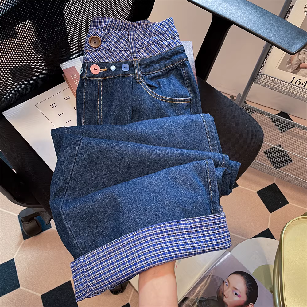 Quần jean kẻ sọc viền gấp đôi kiểu vintage dành cho nữ, thiết kế xuân thu, quần ống rộng dài chấm đất giả hai mảnh độc đáo.