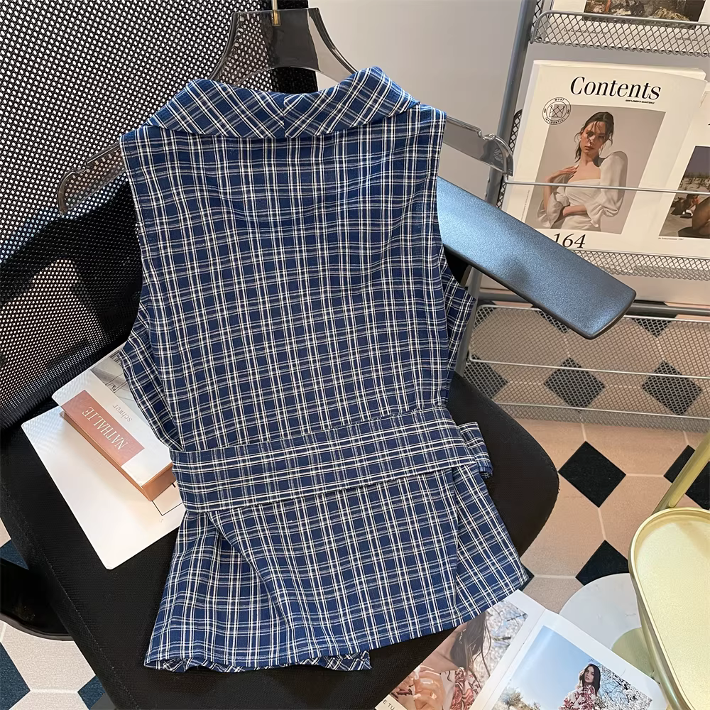 Áo sơ mi kẻ sọc cổ chữ V thắt nơ kiểu Pháp dành cho nữ, áo khoác ngoài không tay mùa hè