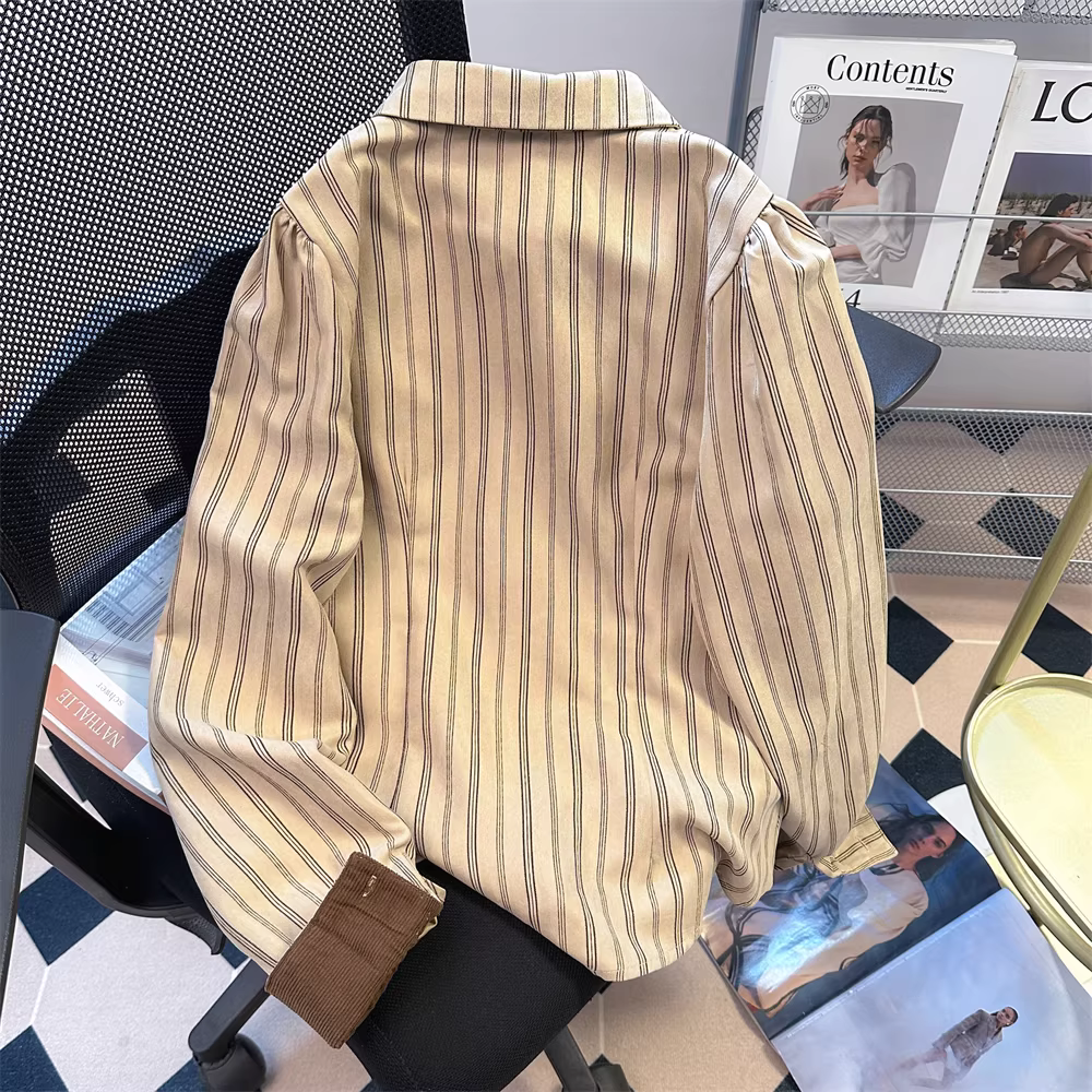 Áo sơ mi dài tay kiểu Nhật Bản JK có sọc dành cho nữ, áo kiểu cổ điển giản dị mùa thu kiểu đại học có vai thường xuyên