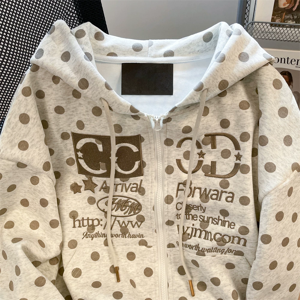 Áo khoác có mũ trùm đầu thêu chữ chấm bi phong cách Mỹ dành cho nữ, áo khoác hoodie có khóa kéo dáng rộng giản dị mùa xuân và mùa thu